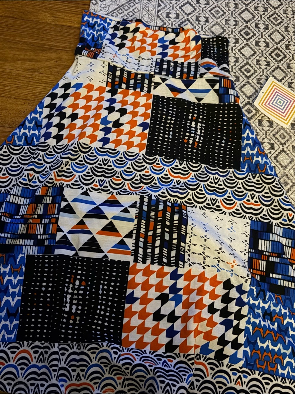 LuLaRoe Asymmetrical Patchwork Skirt in Blue, Orange, Black, White